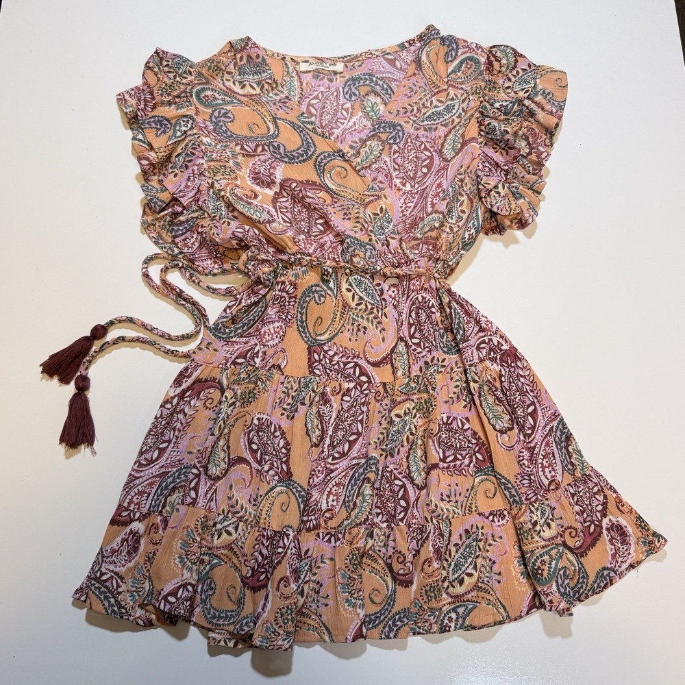 Angie Girls Multicolor Boho Paisley Mini Dress Flutter Ruffle Sleeve Tassel Tie